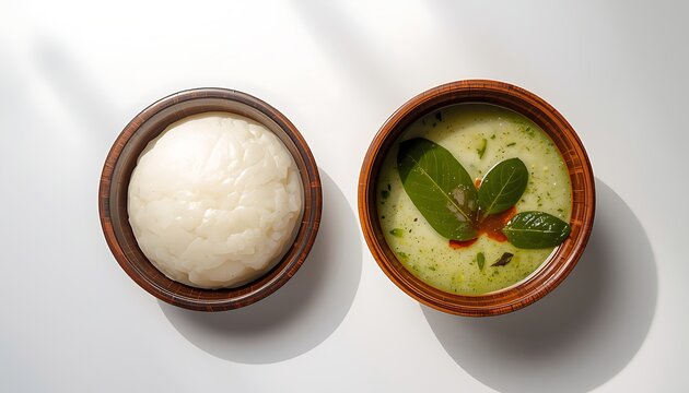 Fufu with Eru, traditional dish from Southwest Cameroon, smooth white fufu mound in round dark wooden bowl, creamy dark green Eru soup in separate handcrafted ceramic bowl with visible eru and waterle