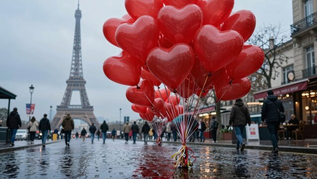Red heart balloons near Eiffel Tower in Paris