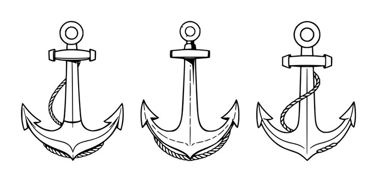 Anchor set with black line art and rope border featuring anchor, rope, nautical design with black outline and white background