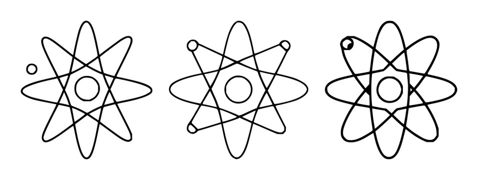 Atom symbol set with electron orbitals and line art design featuring atoms, electrons, orbital paths with science and chemistry