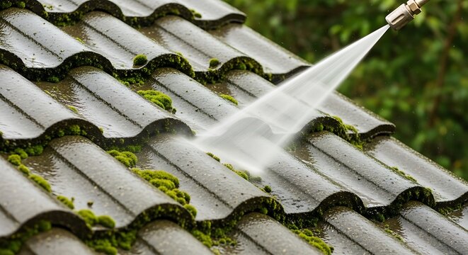 Power washing a tiled roof covered in moss with a stream of water, close up