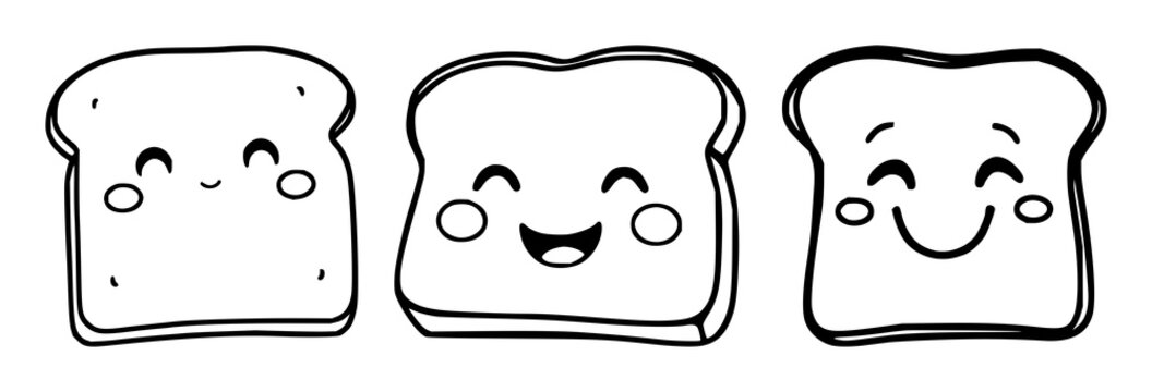 Happy toast slice set with happy expression and cute black line art featuring breakfast, toast, illustration with white background and minimal style