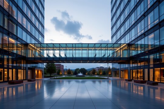 Modern glass office buildings connected by a skybridge with a reflective courtyard at dusk.