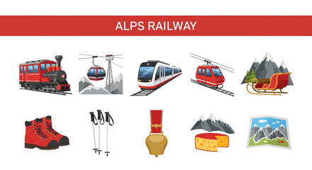 Alps Railway Transportation Travel Icons Set. © Faisal