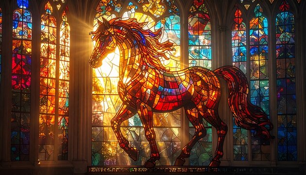 ステンドグラス馬光彩ロング背景素材