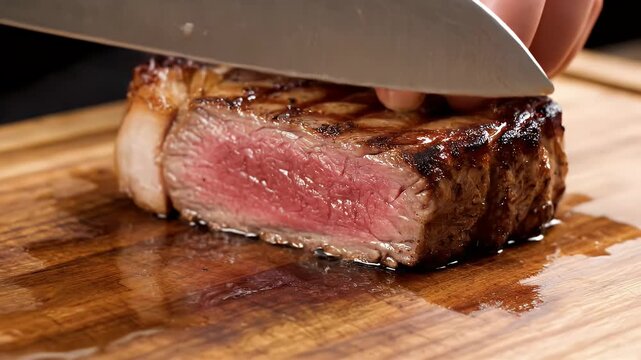 Searing Beef Steak Sliced On Wooden Board Demonstrating Maillard Reaction Browning Process Natural Lighting Close Up