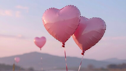 Obraz premium Pink heart balloons floating against sunset sky