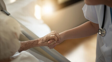 Naklejka premium Elderly Patient Care: Compassionate Doctor and Caregiver Hands Providing Emotional Support in Geriatric Clinic