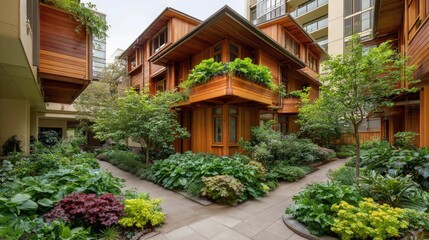 Obraz premium Charming Urban Courtyard with Lush Greenery and Modern Wooden Architecture Surrounded by Vibrant Plants