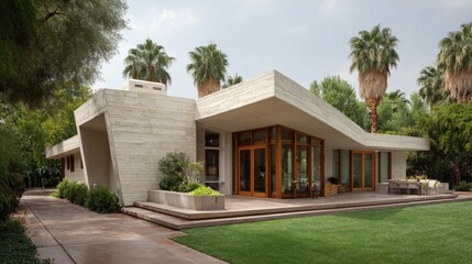 Fototapeta premium Modern architectural house with sleek lines and large windows surrounded by lush greenery and palm trees in a sunny setting