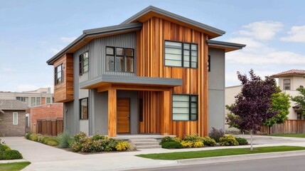 Fototapeta premium Modern architectural design featuring wooden accents and large windows on a stylish house in a suburban setting
