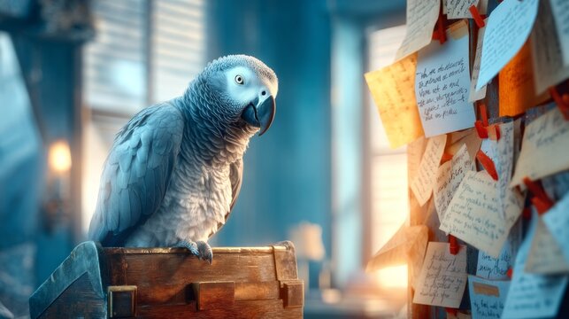 Grey African Parrot Sitting Upright on Vintage Wooden Chest