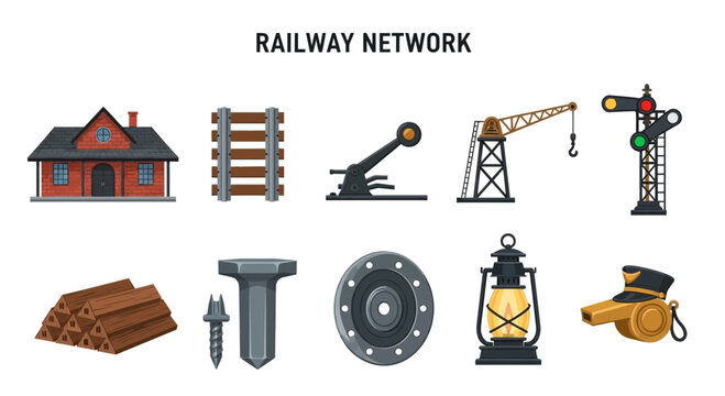 Railway network train station infrastructure icons.