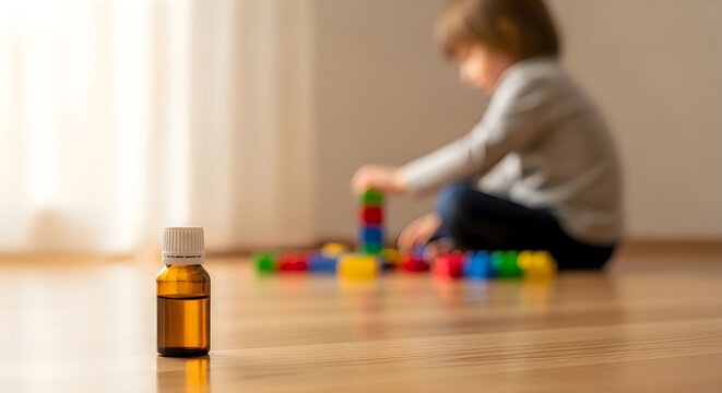 Amber medicine bottle on wooden floor with blurred child playing background.