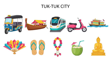Naklejka premium Tuk Tuk City Travel Vacation Icons.