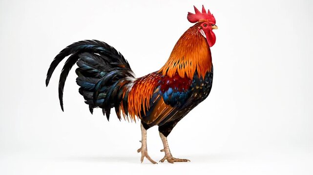 Full body profile of a vibrant rooster with a bright red comb and wattle, featuring golden orange hackle feathers and iridescent black tail plumage, isolated on a white background.