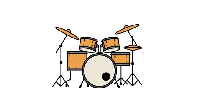 白い背景に映えるカラフルでシンプルなドラムセットイラスト ポップなリズムを刻む音楽イメージ. AI Generated