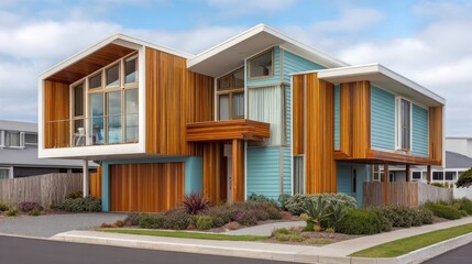 Fototapeta premium Modern architectural design of a stylish home with wood accents and vibrant blue facade in a serene neighborhood setting
