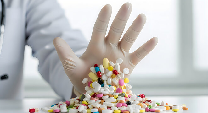 Doctor's gloved hand stopping pile of colorful pills and capsules on white table, medical concept.