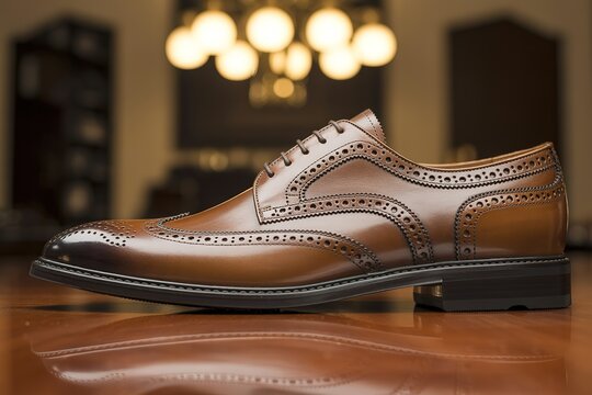 A close-up view of a brown leather brogue oxford, rich in broguing detail and resting on a reflective wooden surface, with blurred lights in the background.