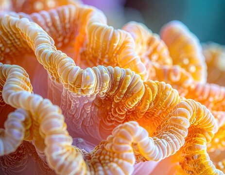 Close-up of vibrant orange and pink brain coral with intricate folds and textures underwater.