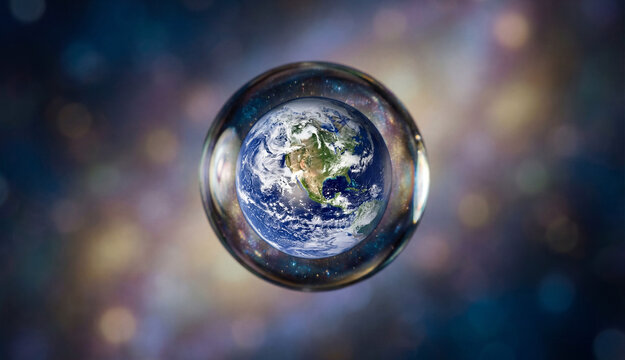 A hyper-realistic water droplet floating in zero gravity, inside it a fully formed miniature planet with oceans, forests, and clouds, light refraction creating distorted cosmic reflections.