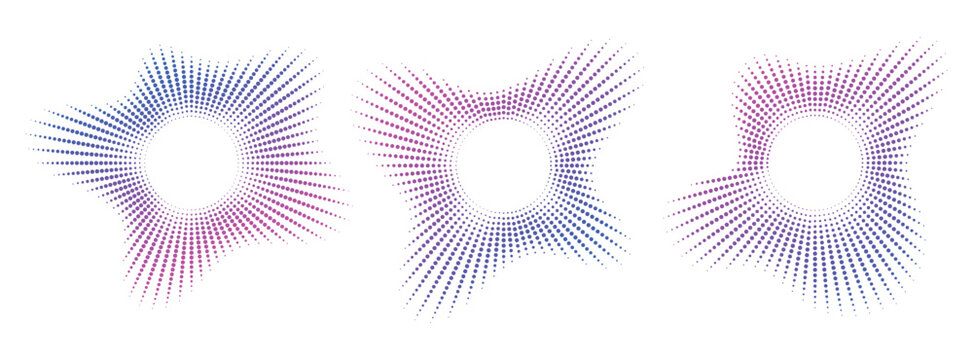 Dynamic radial equalizer shapes for modern sound design projects. Collection of three colorful halftone spectrum waves in circular layout. Abstract digital audio signal elements.