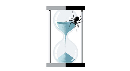 Fototapeta premium A spider sitting on a glass hourglass with blue sand inside.