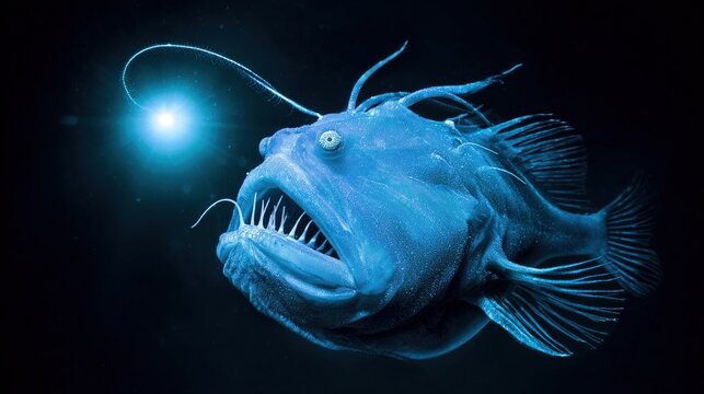 anglerfish. Deep sea anglerfish using its bioluminescent lure in the dark ocean depths. wildlife magazines, conservation campaigns, designed for wildlife conservation campaigns.