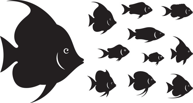 Large fish leading a school of small fish
