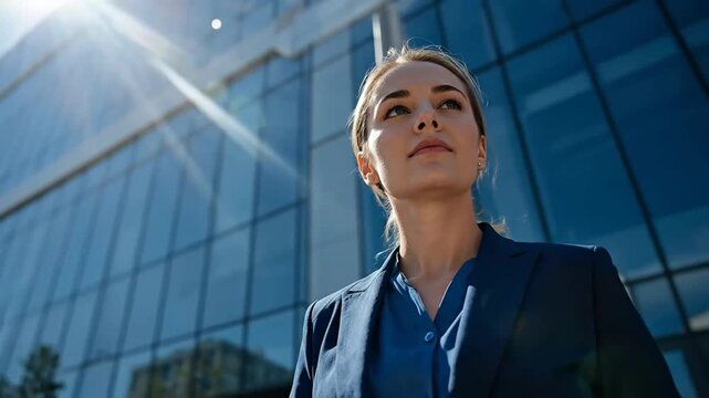 Ambitious Woman Gazes Upwards Towards Success in Business District