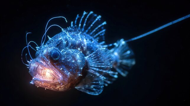 anglerfish. Deep sea anglerfish using its bioluminescent lure in the dark ocean depths. wildlife magazines, conservation campaigns, designed for wildlife conservation campaigns.
