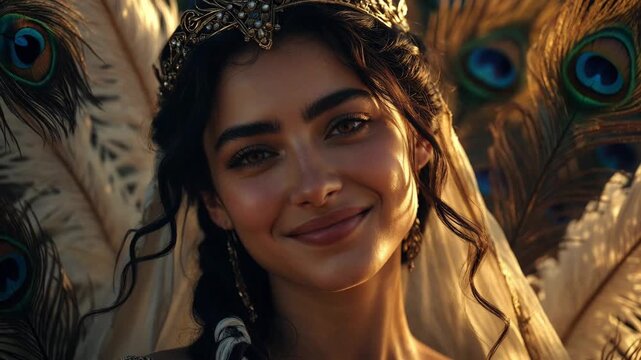 Beautiful Queen wearing Golden Tiara with Peacock Feathers