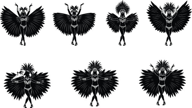 Samba dancer silhouette set, Brazilian carnival showgirl poses, exotic feather costume, Rio festival performer, tropical dancer vector, parade woman, dancer.