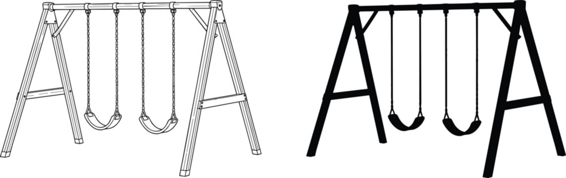 Childrens playground swing set illustration and silhouette for park recreation backyard fun outdoor activities family leisure and childhood play equipment design