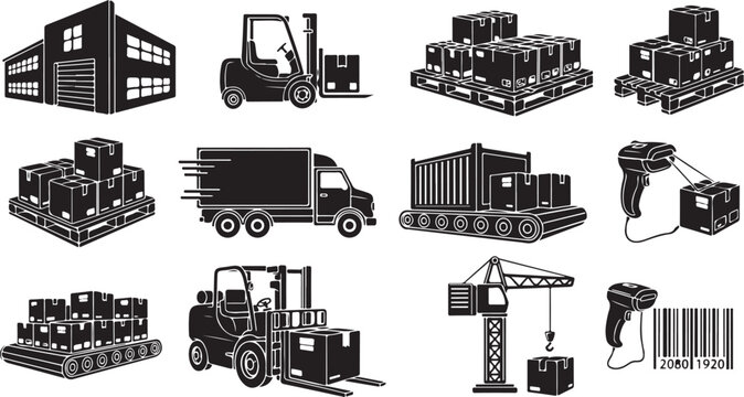 Warehouse and logistics icons in black and white