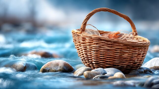 Woven Creel Basket Resting in Shallow River Water