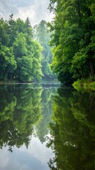 Fototapeta premium Lush Green Forest Reflected in Calm Lake Water on a Bright Day.