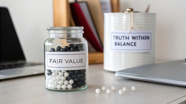 Black and white beads in jar with labels on desk beside laptop and can for business concept of fairness and truthfulness