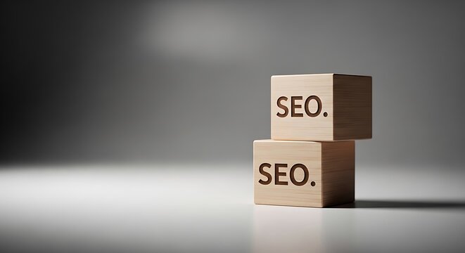 Two wooden cubes stacked, with "SEO" imprinted on each, in a dim, spotlight setting