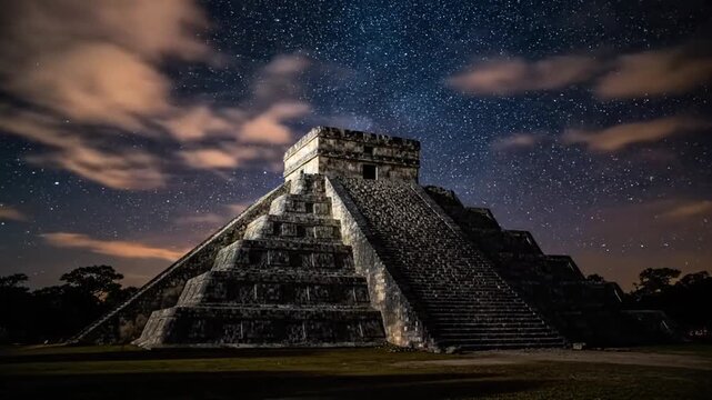 Pyramid of Kukulkan at night with stars.