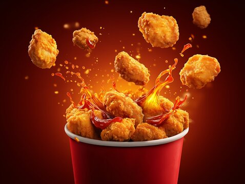 chicken classic nuggets tenders meal in bucket container, boneless wings or breast pieces in buffalo barbeque, or spicy sauce flying ingredients and spices food commercial advertisement menu banner