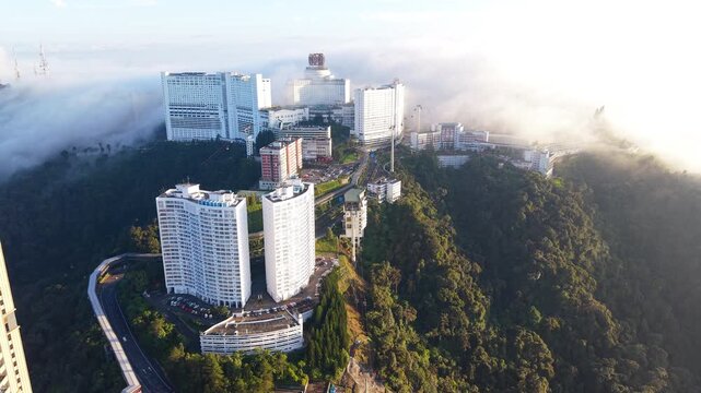 Aerial view of a condominium in the foreground of Genting Highlands, Malaysia