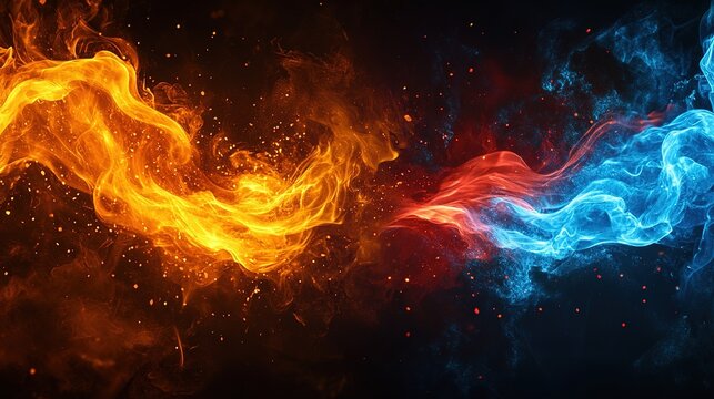Fire and ice abstract background design with blue flames on left, red flames on right and floating orange embers on dark black backdrop, ultra-realistic detailed scene 