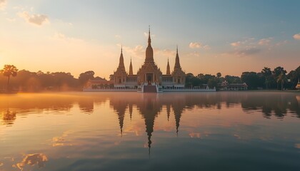 Fototapeta premium Golden Thai temple complex glowing at sunrise with reflection