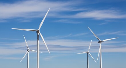 Fototapeta premium White wind turbines against a bright blue sky with wispy clouds, depicting renewable energy