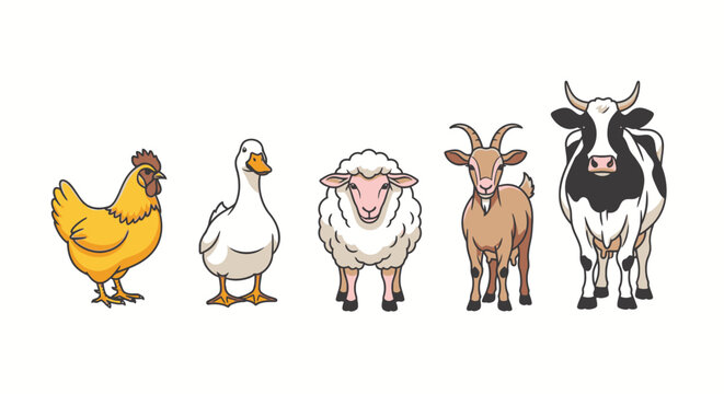 Cartoon farm animals standing together.