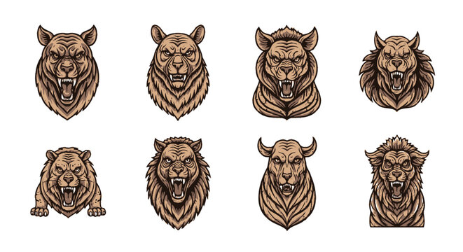 Collection of various lion heads.