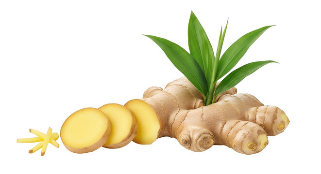 Fresh ginger root with a small potted plant growing from its top