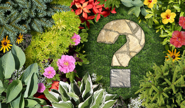 Gardening questions and garden advice with an ornamental landscaped flowerbed and spring gardening concept shaped as a question mark with a mowed lawn and grass representing environmental design or la